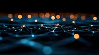 Glowing network connections with blue light effect and orange bokeh background, digital technology concept showing interconnected nodes and data flow.