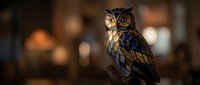 Majestic owl perched indoors with warm bokeh lighting creating atmospheric mood for wildlife photography and nature-themed designs.