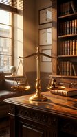 Brass scales of justice on wooden desk in law office with leather-bound law books on shelves, sunlight streaming through window, symbolizing legal profession and attorney practice.