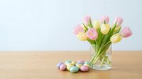 Fresh spring tulips in glass vase with colorful Easter eggs on wooden table against white background for holiday decorations and seasonal celebrations.