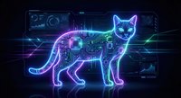 Futuristic neon cat with circuit board pattern and glowing blue purple lights on dark digital technology background for sci-fi design projects.