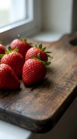Fresh ripe strawberries on rustic wooden cutting board in bright kitchen setting with natural window light for healthy eating and cooking concepts.
