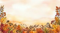 Watercolor autumn background with owl, fall leaves, acorns, berries, and pumpkin in warm orange tones, perfect for seasonal cards and banners.