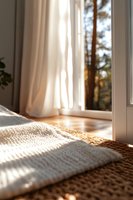Soft morning sunlight streaming through window, casting shadows on white curtains and knit blanket, creating cozy atmosphere with forest view background.