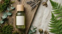 Natural organic cosmetic bottle with blank label surrounded by eucalyptus leaves, fern and dried herbs on rustic wooden background for spa wellness branding.