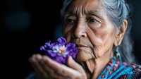 Elderly Native American woman in traditional turquoise jewelry holding purple flowers, contemplative expression against dark background. Dramatic side lighting creates mood.