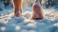Bare feet walking in fresh powder snow at sunset with magical bokeh light effects, creating dreamy winter atmosphere and sense of freedom and adventure.