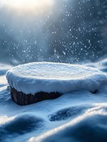 Snow-covered tree stump in winter forest during snowfall, with soft dreamy bokeh light and falling snowflakes creating magical atmospheric scene.