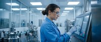 Female scientist in blue lab coat analyzing data on computer screen in modern research laboratory with advanced equipment and sterile environment.