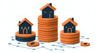 Orange houses sitting on stacks of coins against financial chart background, representing real estate investment, property market growth and housing costs.