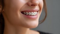 Close up of young woman's smile showing metal dental braces, demonstrating modern orthodontic treatment and oral healthcare on dark background.