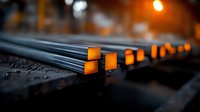 Dramatic close-up of railroad tracks at sunset with orange light reflecting off rails, creating leading lines and bokeh effect in dark moody atmosphere.