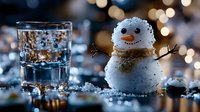 Miniature snowman made of snow with carrot nose and twig arms next to glass of water on reflective surface against blurred holiday lights background.