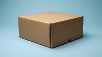 Closed kraft cardboard box isolated on light blue background, ready for shipping, packaging design, product mockup, and branding applications.