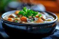 Homemade vegetable soup with carrots, mushrooms and herbs in black ceramic bowl. Warm comfort food with natural ingredients and rich broth.
