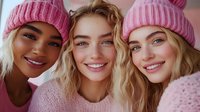 Three diverse young women wearing pink knit beanies and sweaters smile warmly at camera, showcasing friendship, winter fashion and natural beauty in soft lighting.
