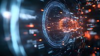Futuristic digital tunnel with glowing orange particles and holographic circles creating dynamic motion effect in dark space with light streaks.