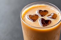 Creamy iced coffee drink with heart shaped chocolate ice cubes floating on top, served in clear glass against dark background. Fresh foam and rich caramel color.