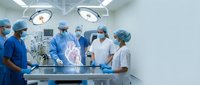 Medical team of surgeons and nurses in sterile operating room performing surgical procedure with advanced equipment and overhead lights.