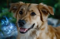 Smiling golden mixed breed dog with magical glowing blue energy effect near muzzle on dark green nature background, creative pet photography concept.