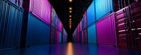 Illuminated shipping containers in vibrant neon purple and blue colors creating symmetrical corridor with dramatic lighting and perspective, suitable for logistics concepts.