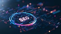 Glowing SEO text in neon blue circle with digital elements and bokeh lights on dark background, modern technology concept for digital marketing.