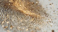 Macro view of golden fingerprint pattern with glittering dust particles on light background, forensic science concept for security and identification.