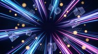 Neon light streaks and glowing particles radiating from center in digital cyberspace environment, suitable for technology, innovation, and futuristic digital backgrounds.