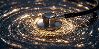 Medical stethoscope on dark surface with golden glitter spiral pattern creating dramatic lighting effect for healthcare and medical concepts.