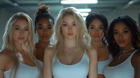 Young diverse women wearing white tank tops pose together in modern studio setting with fluorescent lighting, representing friendship, unity, and contemporary fashion for lifestyle and commercial use.