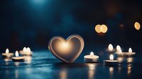 Glowing heart shape surrounded by romantic candlelight on dark blue background with bokeh lights creating magical atmosphere for Valentine's day or wedding design.
