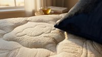 Cozy bedroom scene with quilted beige bedding, dark navy pillow, and warm golden sunlight streaming through window, perfect for home decor and lifestyle content.
