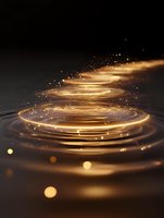 Glowing golden spiral light trail with sparkling particles rising from dark rippled water surface, creating magical atmospheric effect for fantasy backgrounds.