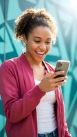 Happy young African American woman laughing while reading smartphone message outdoors in casual pink jacket and white top against modern building.