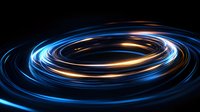 Glowing spiral light trails in blue and gold colors against black background create dynamic motion effect for technology and science designs.