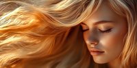 Young woman with flowing blonde hair in warm sunlight, eyes closed in serene expression, showing natural beauty and peaceful moment against blurred background.