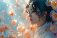 Young Asian woman with red lips in profile view surrounded by delicate peach blossoms and magical bokeh lights against turquoise background creating dreamy spring atmosphere.