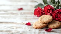 Fresh baked sugar cookies with red roses and scattered petals on rustic white wooden background, romantic food photography composition for Valentine's day.