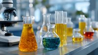 Laboratory glassware with colorful liquids on steel table, microscope in background, chemical research experiment with orange and blue solutions.