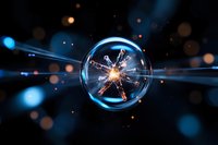 Glowing energy sphere with electric discharge and light rays on dark background, blue and orange bokeh effects create magical atmosphere.