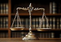 Decorative scales of justice on wooden desk against law library background, symbolizing legal system, jurisprudence and equal rights in courtroom setting.