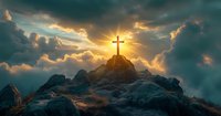 Christian cross on mountain peak at dramatic sunset with glowing sun rays breaking through dark storm clouds in spiritual scene. Religious symbol of faith.