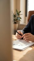 Professional businessman using smartphone while reviewing financial documents at modern office desk with natural lighting and plant decor.