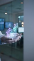 Businessman holding glowing neon upward arrow and bar chart hologram in modern office environment, representing financial growth, data analysis, and business success metrics.