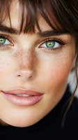 Close up portrait showing natural freckles, green eyes, and soft pink lips with flawless makeup application. Dark hair frames face with bangs for beauty and cosmetic industry.