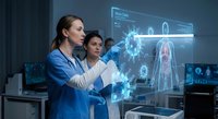 Two female doctors analyzing holographic medical data and human anatomy projections in modern healthcare technology laboratory setting.
