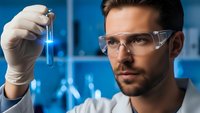 Male scientist in safety glasses examining blue chemical solution in test tube during laboratory research experiment.