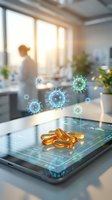 Vitamin supplements and virus cells floating above digital tablet in modern office with female worker at window, representing healthcare technology and medical research.
