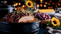 Sliced honey glazed ham garnished with herbs and spices on dark plate, festive table setting with grapes and sunflowers, warm bokeh lights background.