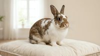 Brown and white rabbit sitting on beige cushion in bright room with window, domestic pet portrait for animal care and lifestyle content.